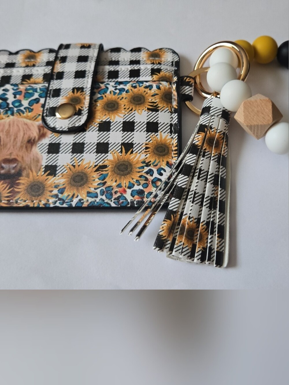 HIGHLAND COW-Sunflower Black White Check Card Holder/ Keychain Wristlet